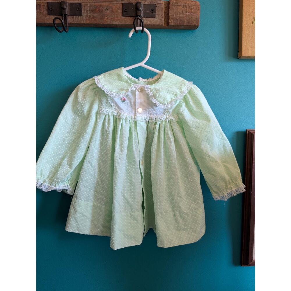 Vintage Baby Girls Pastel Spring Green Swiss Dot Dress with Lace size 18 months
